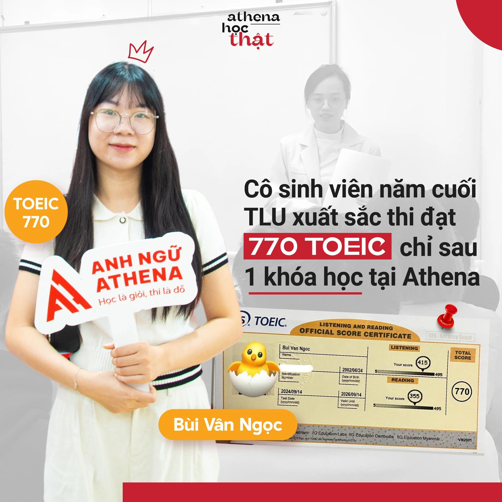 Cô sinh viên năm cuối Đại học Thăng Long vượt aim, xuất sắc thi đạt 770 TOEIC chỉ sau 1 khóa học tại Athena